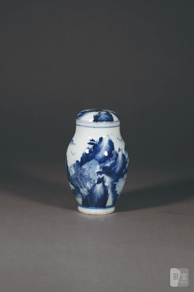 清 青花山水莲子罐 - 图1